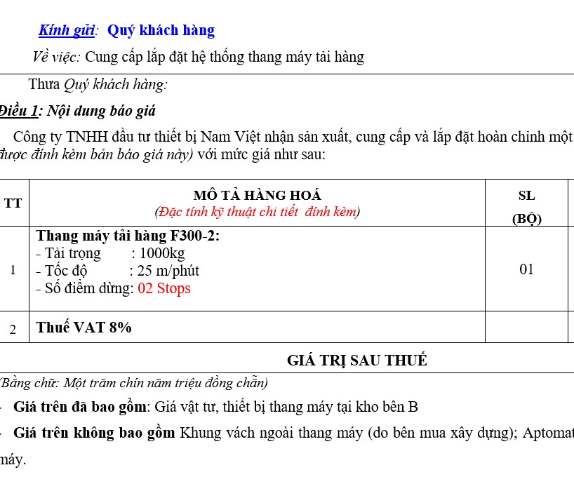 Báo giá thang nâng hàng tại Hà Nội
